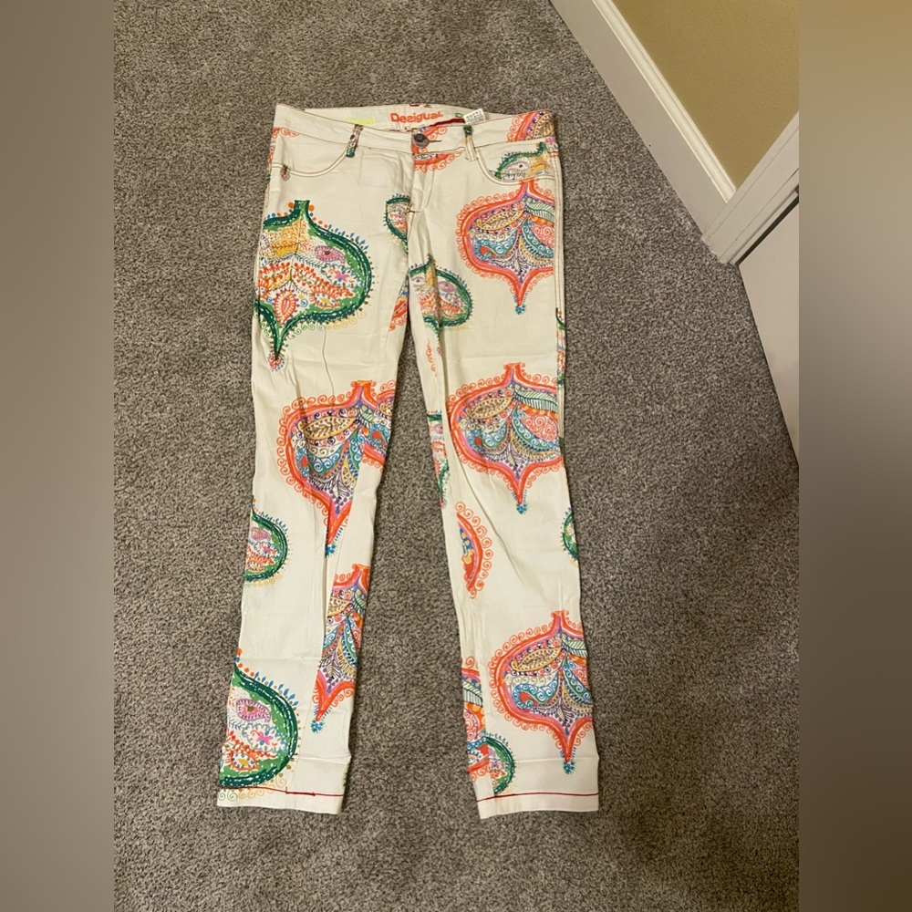 Desigual White Pants with Colorful Paisley Design